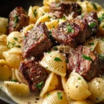 Steak Bites and Shell Pasta in Garlic Butter Alfredo Sauce First Image