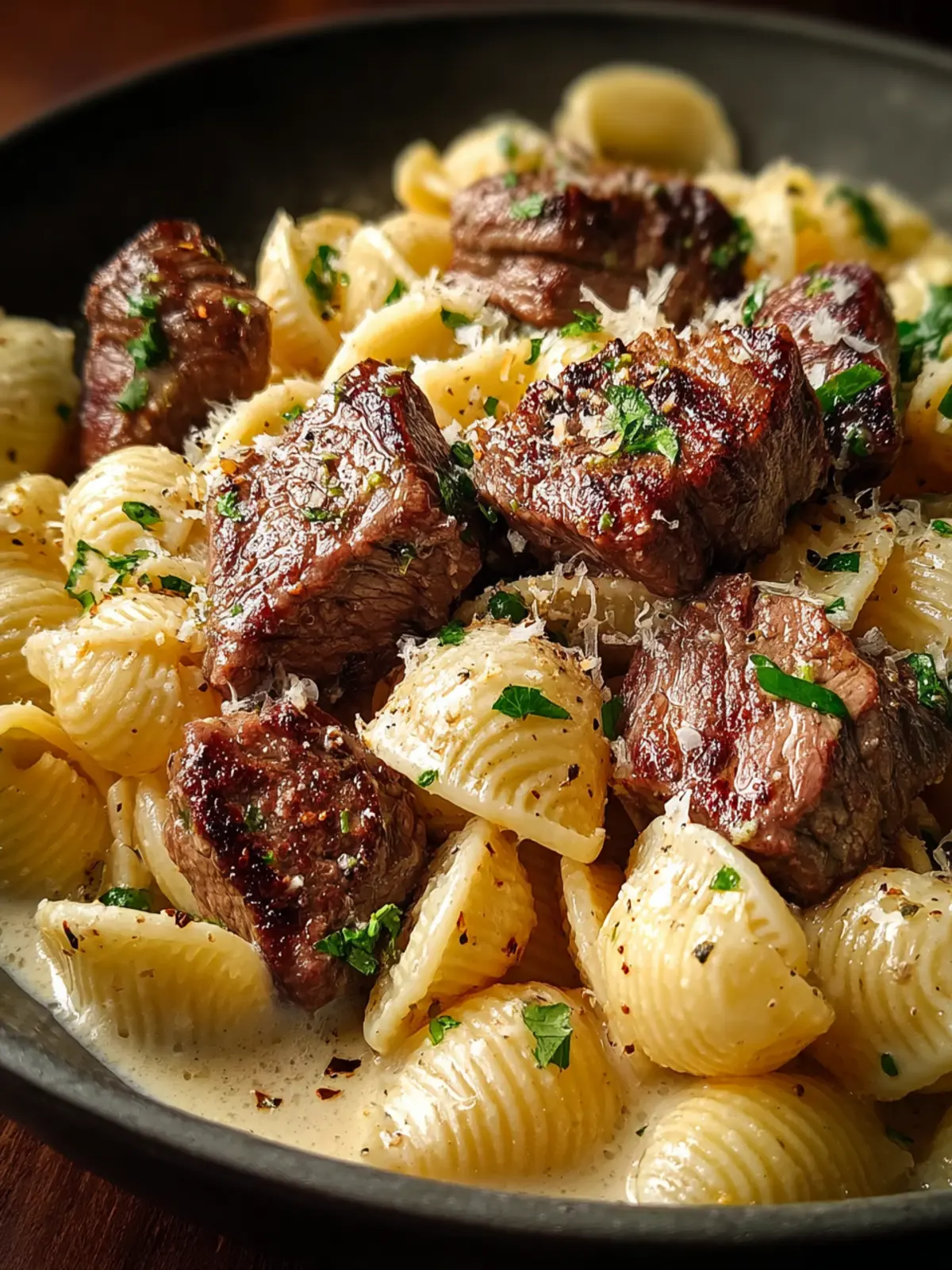 Steak Bites and Shell Pasta in Garlic Butter Alfredo Sauce First Image