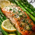 Baked Salmon in Foil with Asparagus and Lemon Garlic Butter Sauce First Image
