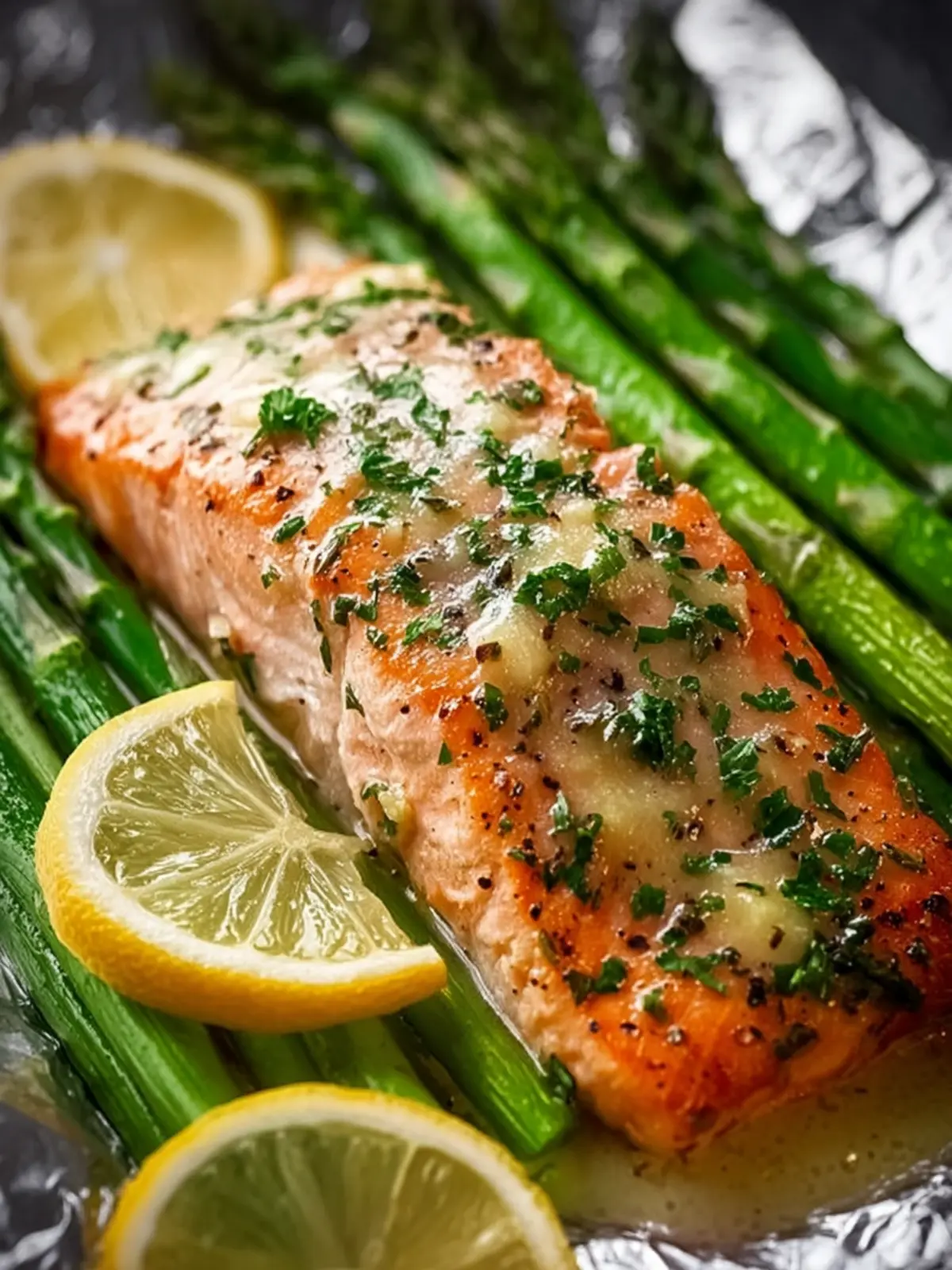Baked Salmon in Foil with Asparagus and Lemon Garlic Butter Sauce First Image