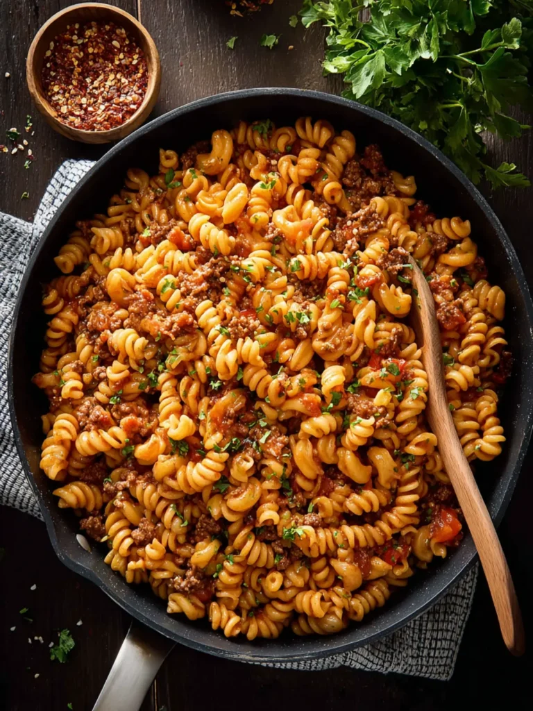 One Pot Spicy Ground Beef Pasta First Image